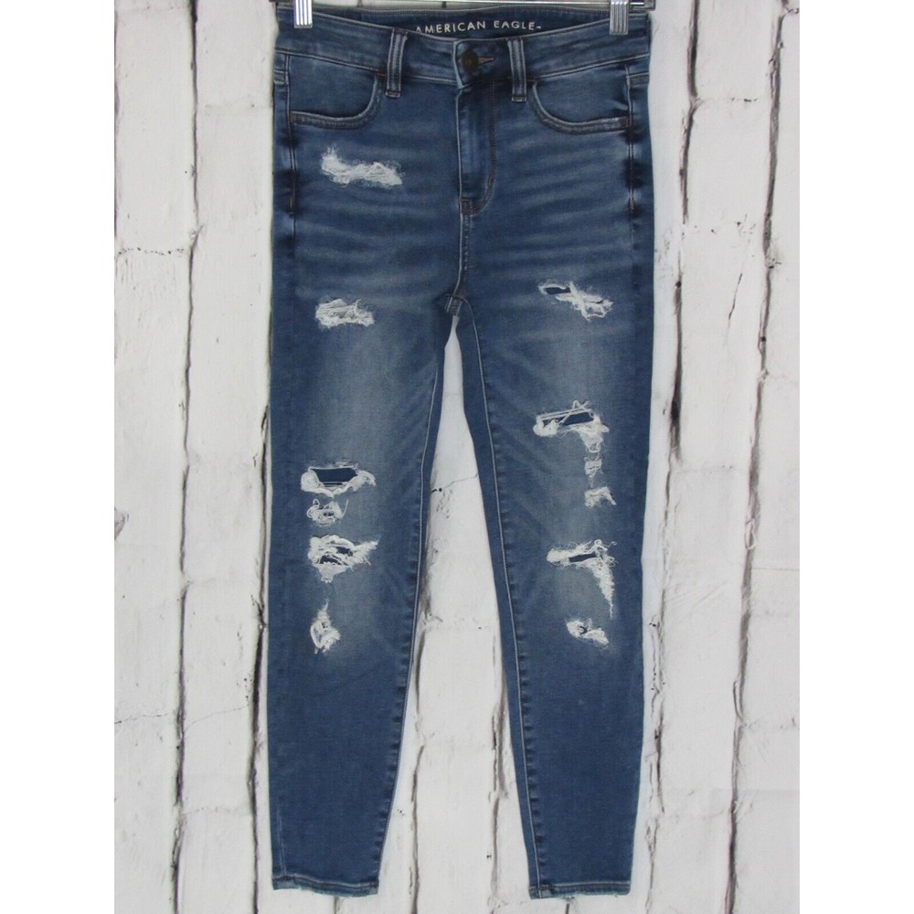 American Eagle Women Jeans Size 2 Blue Hi-Rise Jegging Distressed Blasted Denim